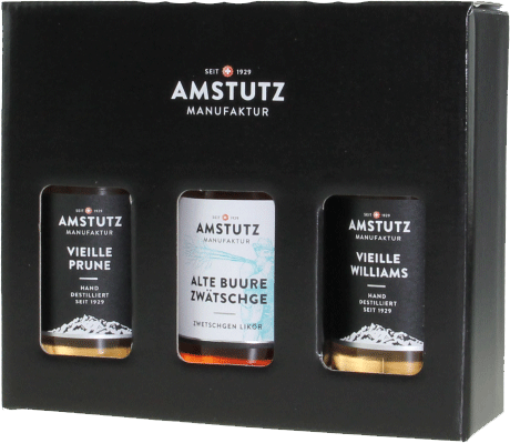 Amstutz Geschenkbox 3er-Set, 20 cl
Vieille Prune, Eierkirsch Likör, Vieille Williams